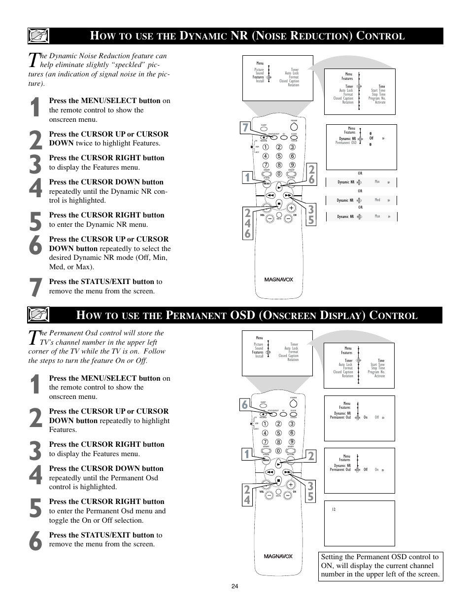 Nr (n, Osd (o, Ow to use the | Ynamic, Oise, Eduction, Ontrol, Ermanent, Nscreen, Isplay | Philips Magnavox 27MS5402/17 User Manual | Page 24 / 40