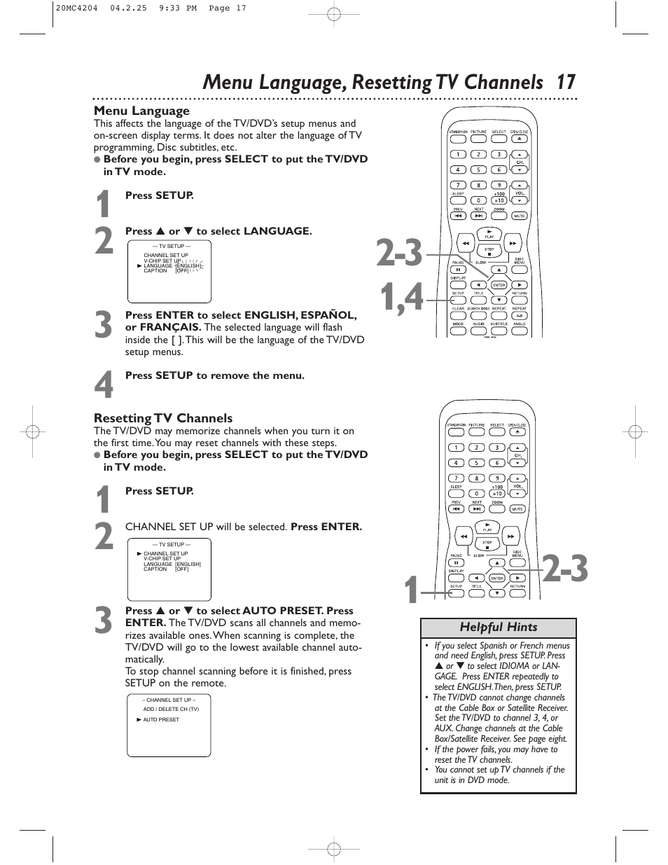 Menu language, resetting tv channels 17 | Philips Magnavox 20MC4204/17 User Manual | Page 17 / 48