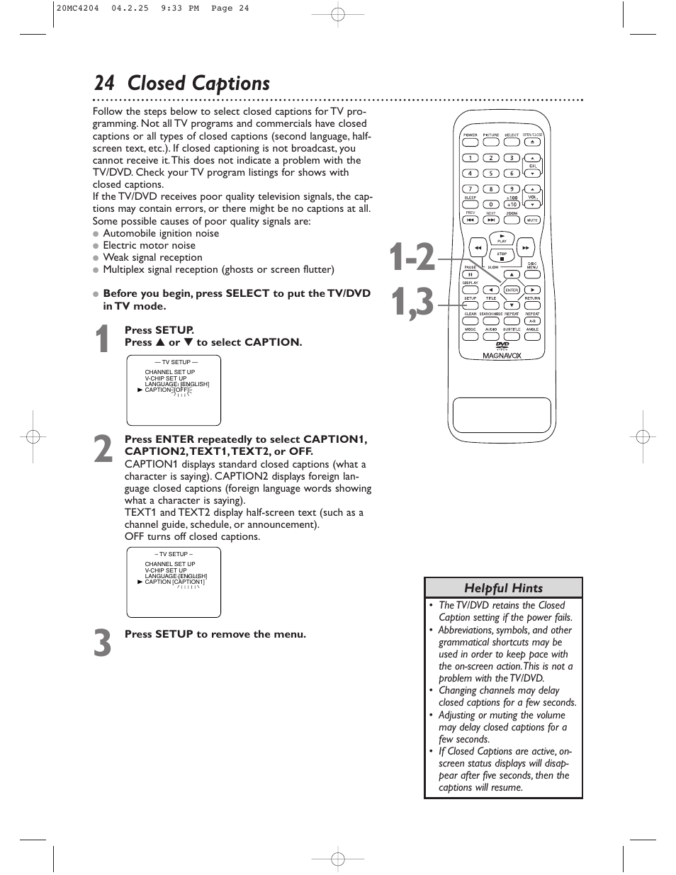 24 closed captions | Philips Magnavox 20MC4204/17 User Manual | Page 24 / 48