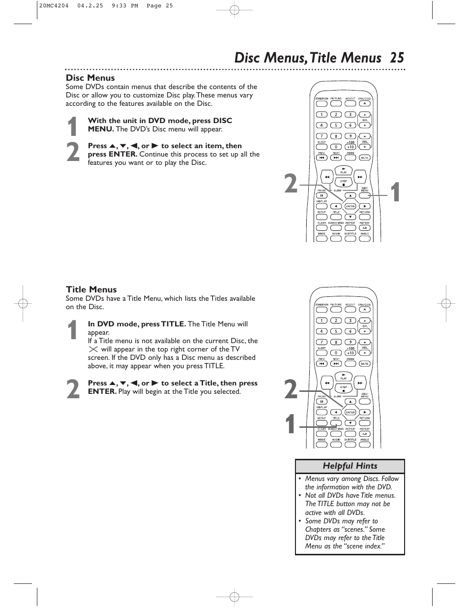 Disc menus,title menus 25 | Philips Magnavox 20MC4204/17 User Manual | Page 25 / 48