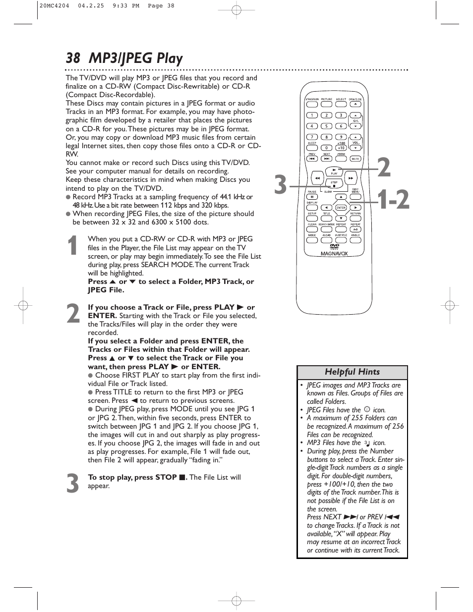 38 mp3/jpeg play | Philips Magnavox 20MC4204/17 User Manual | Page 38 / 48