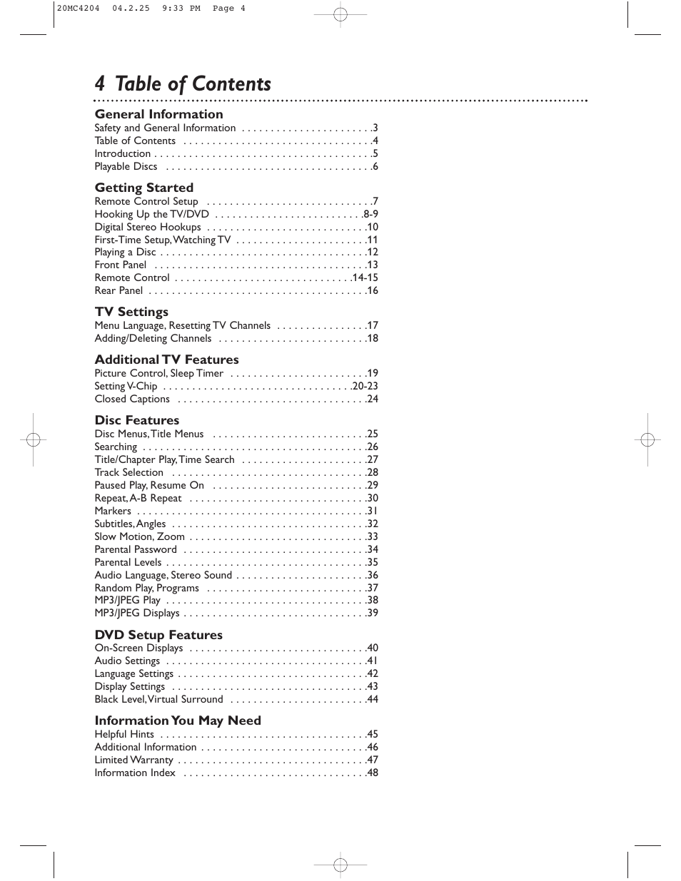 4 table of contents | Philips Magnavox 20MC4204/17 User Manual | Page 4 / 48