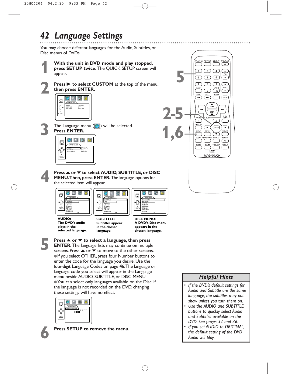 42 language settings | Philips Magnavox 20MC4204/17 User Manual | Page 42 / 48