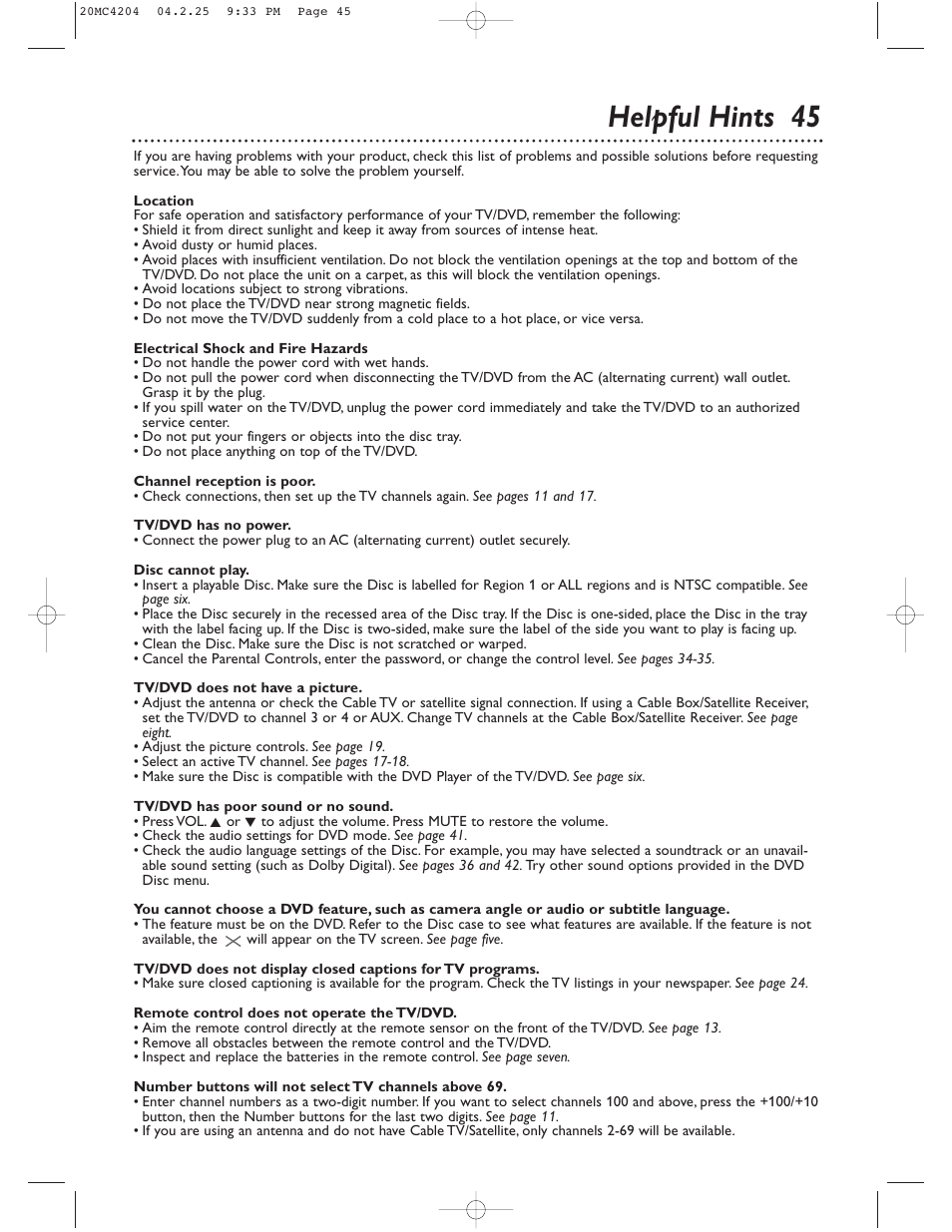 Helpful hints 45 | Philips Magnavox 20MC4204/17 User Manual | Page 45 / 48