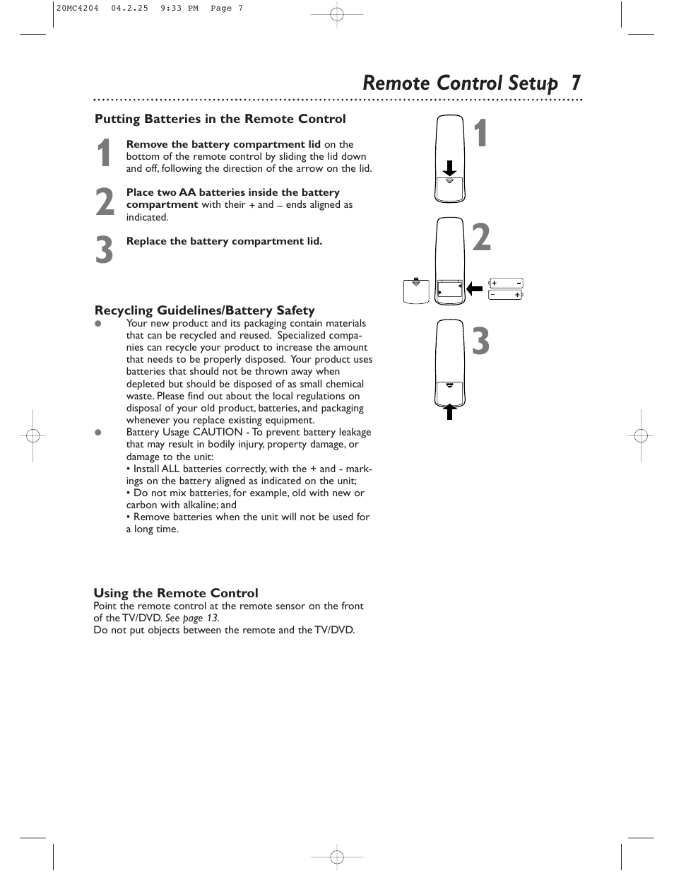 Remote control setup 7 | Philips Magnavox 20MC4204/17 User Manual | Page 7 / 48