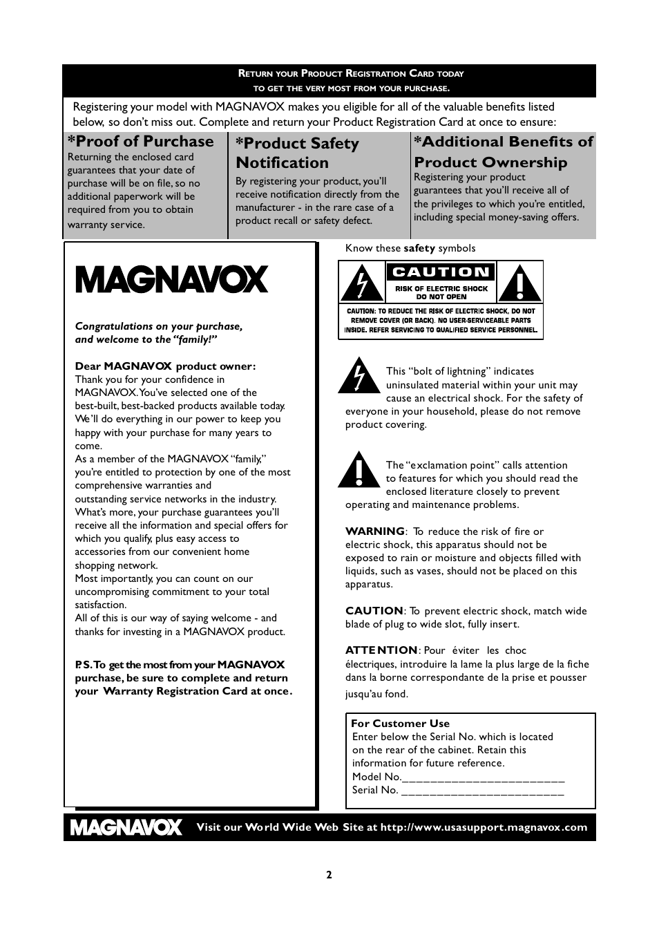 Proof of purchase, Product safety notification, Additional benefits of product ownership | Philips Magnavox 251W Series User Manual | Page 2 / 53
