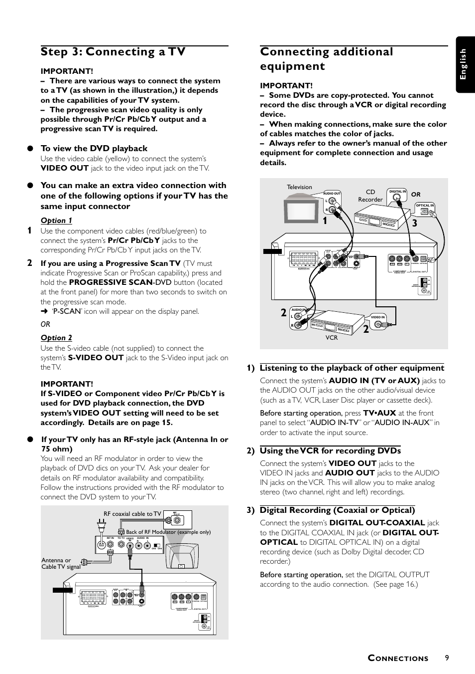 Step 3: connecting a tv, Connecting additional equipment, 1) listening to the playback of other equipment | 2) using the vcr for recording dvds, 3) digital recording (coaxial or optical), 9english, Option 1, Onnections | Philips Magnavox MRD300 User Manual | Page 11 / 30