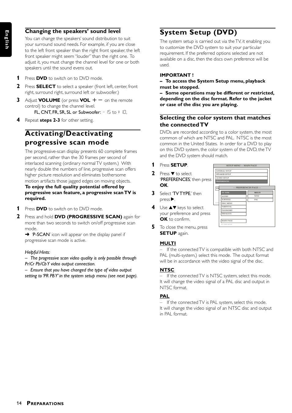 Activating/deactivating progressive scan mode, System setup (dvd), Changing the speakers’ sound level | Philips Magnavox MRD300 User Manual | Page 16 / 30