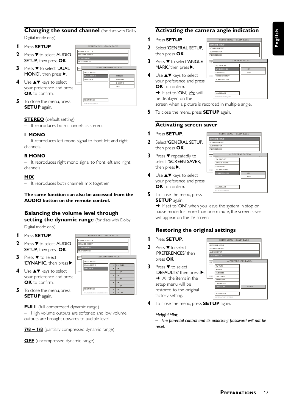 Changing the sound channel, Activating the camera angle indication 1, Activating screen saver 1 | Restoring the original settings 1, 17 english, Press setup, Press 4 to select ‘audio setup ,’ then press ok, Press 4 to select ‘dual mono ’, then press 2, Press 4 to select ‘dynamic,’ then press 2, Select ‘general setup,’ then press ok | Philips Magnavox MRD300 User Manual | Page 19 / 30