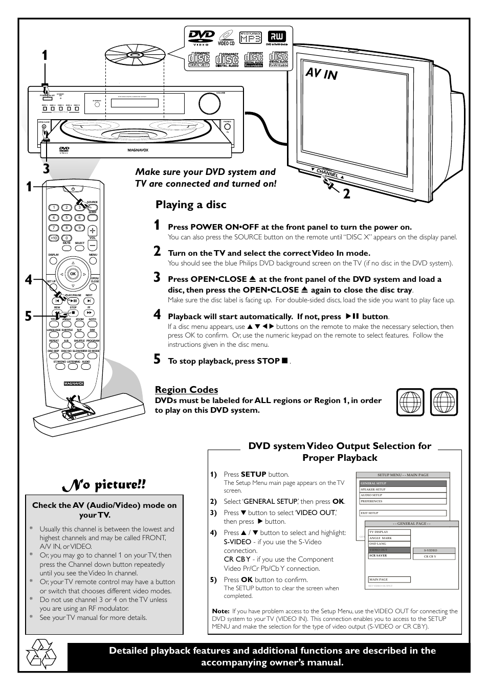 No picture, Av in, Playing a disc | Region codes, Check the av (audio/video) mode on your tv, 1) press setup button | Philips Magnavox MRD300 User Manual | Page 2 / 30