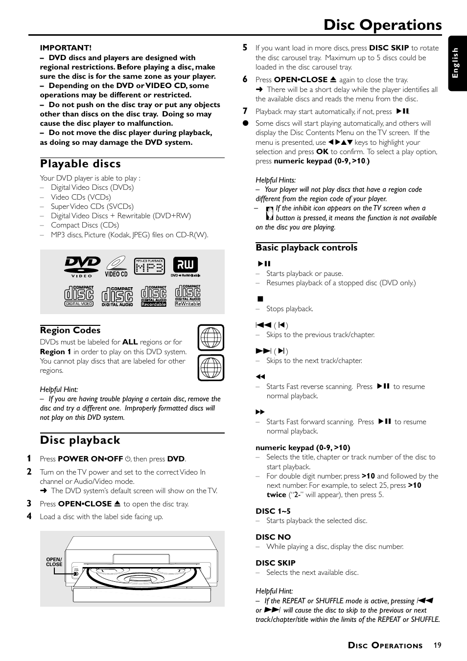 Disc operations, Playable discs, Disc playback | Philips Magnavox MRD300 User Manual | Page 21 / 30