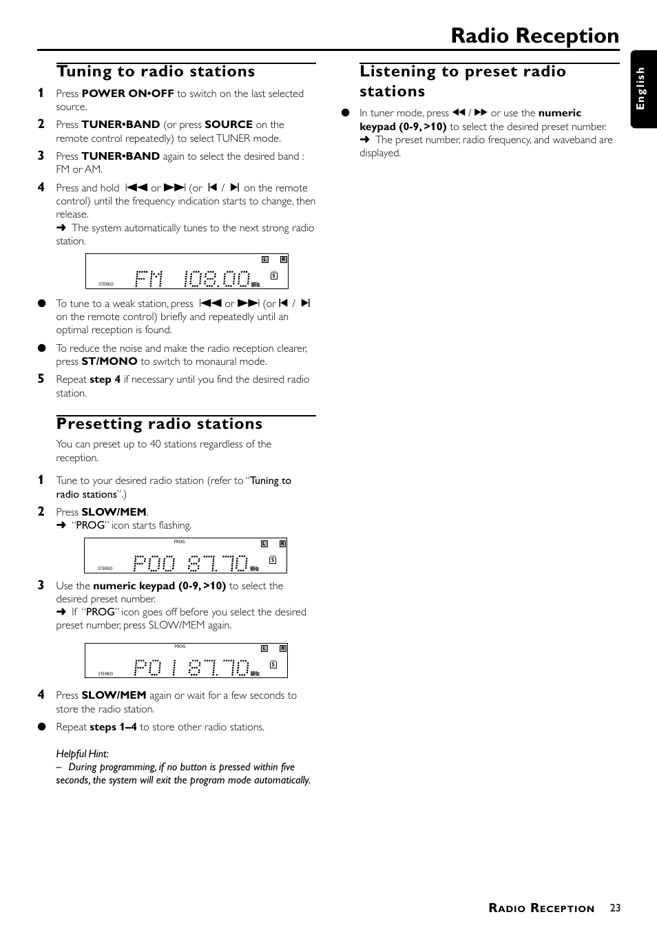 Radio reception, Tuning to radio stations, Presetting radio stations | Listening to preset radio stations | Philips Magnavox MRD300 User Manual | Page 25 / 30