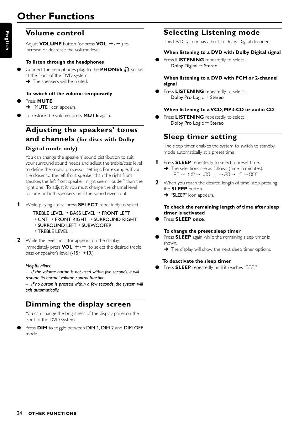 Other functions, Volume control, Adjusting the speakers’ tones and channels | Dimming the display screen, Selecting listening mode, Sleep timer setting | Philips Magnavox MRD300 User Manual | Page 26 / 30