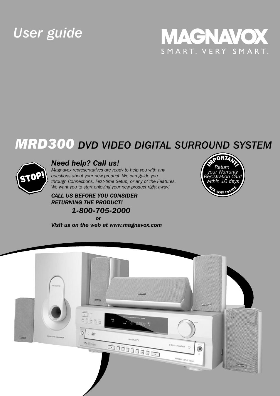 User guide, Mrd300, Dvd video digital surround system | Need help? call us | Philips Magnavox MRD300 User Manual | Page 3 / 30