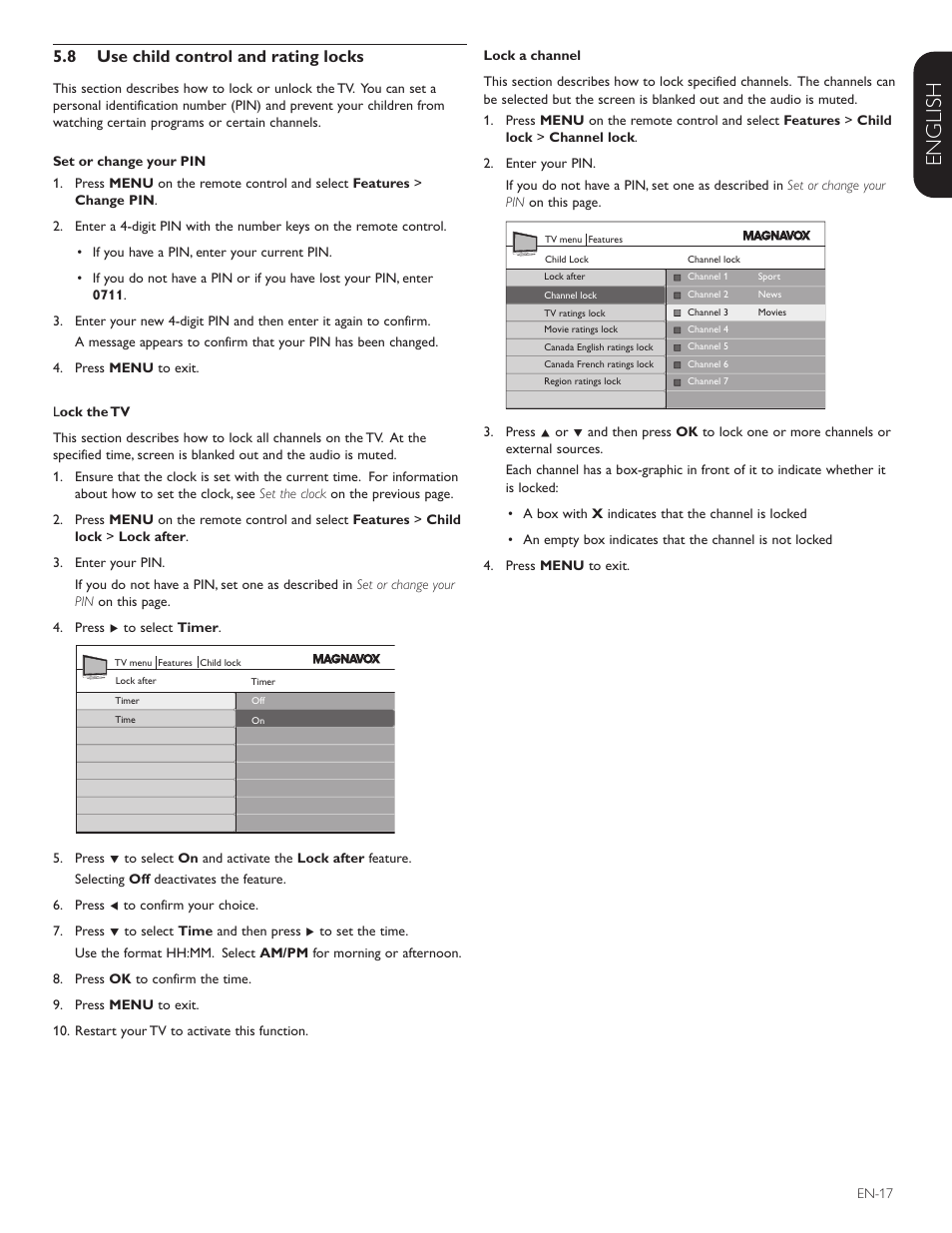 Française esp añol, English, Use child control and rating locks 5.8 | Philips Magnavox 42MF438B User Manual | Page 18 / 40