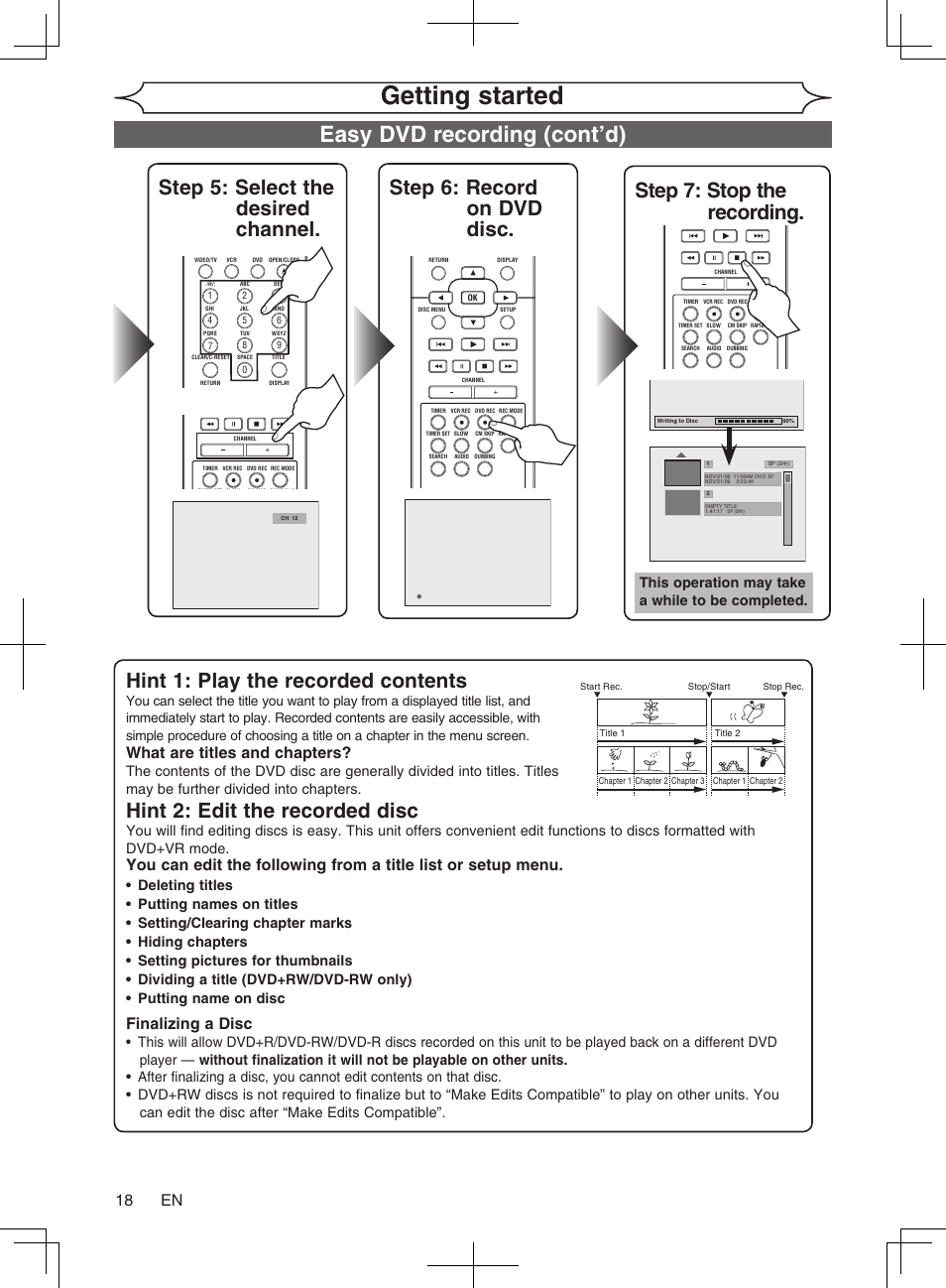 Getting started, Easy dvd recording (cont’d), Hint 1: play the recorded contents | Hint 2: edit the recorded disc, 18 en, What are titles and chapters, Finalizing a disc, This operation may take a while to be completed | Philips Magnavox cmwR20v6 User Manual | Page 18 / 86