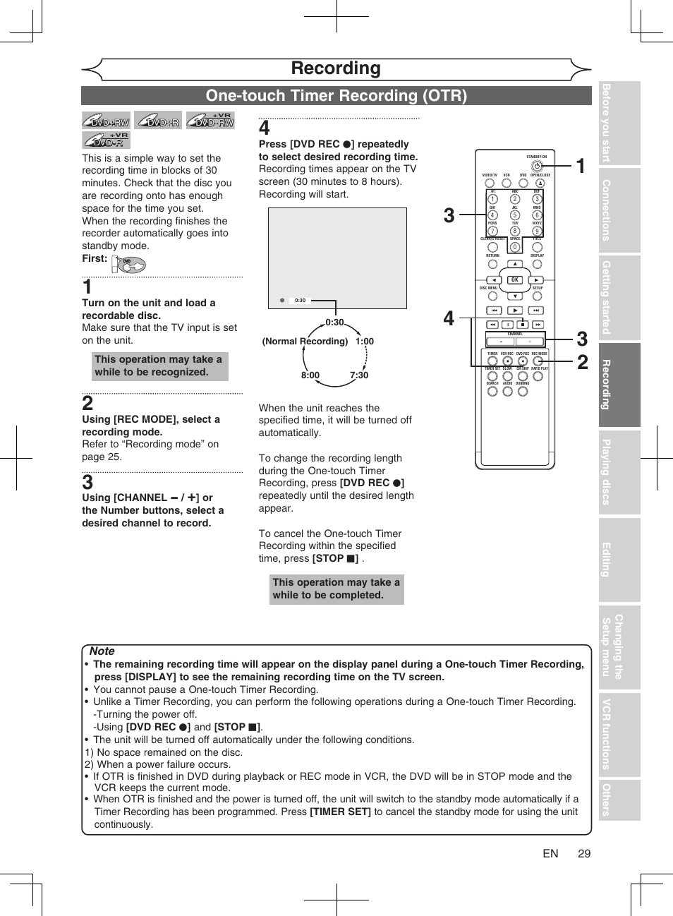 Recording, One-touch timer recording (otr) | Philips Magnavox cmwR20v6 User Manual | Page 29 / 86