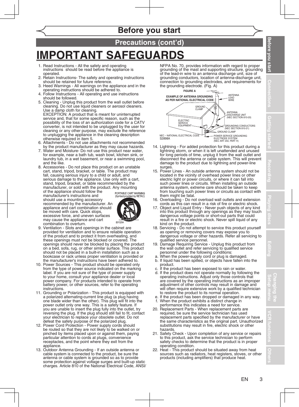Important safeguards, Before you start, Precautions (cont’d) | Philips Magnavox cmwR20v6 User Manual | Page 3 / 86