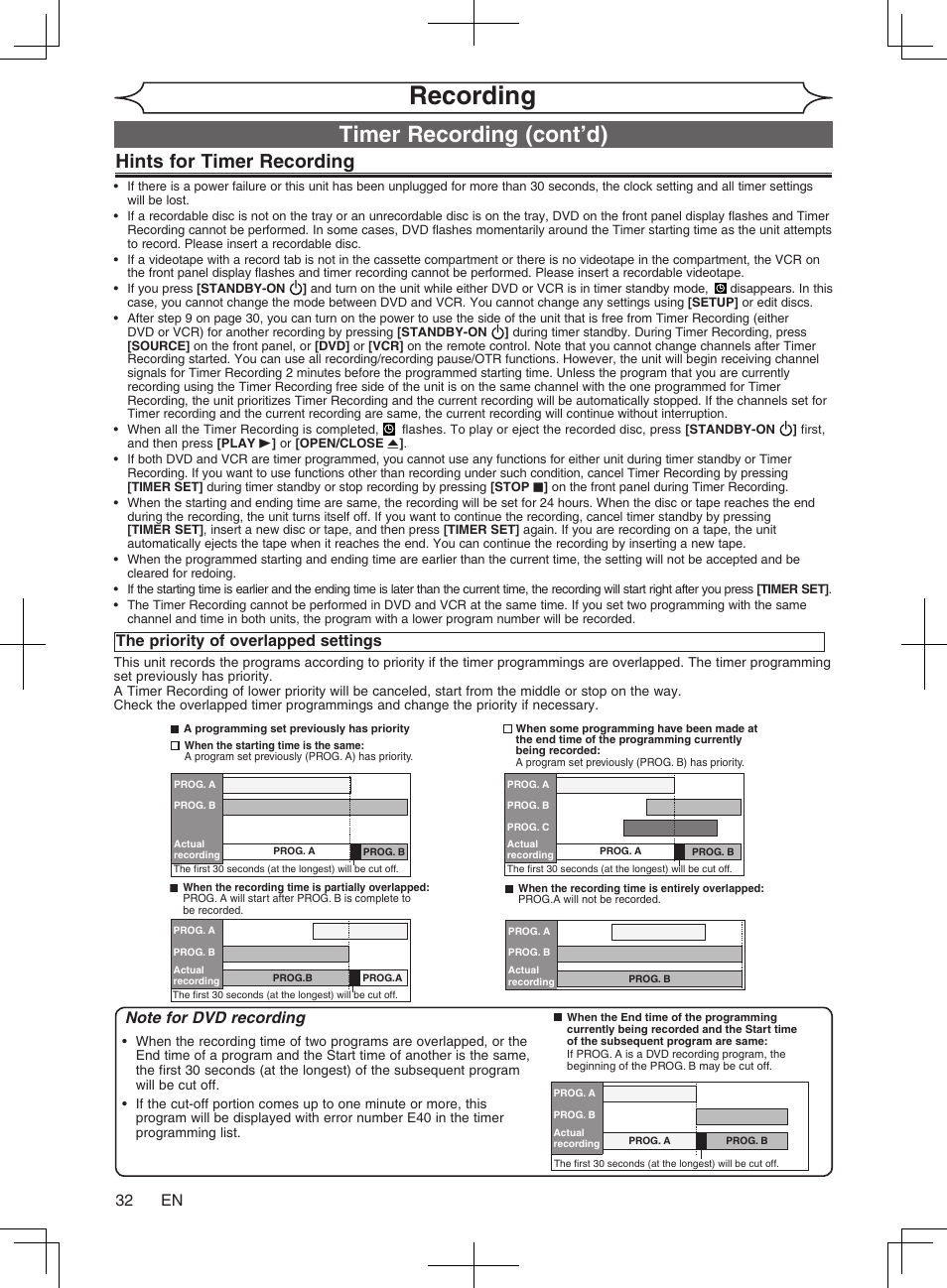 Recording, Timer recording (cont’d), Hints for timer recording | 3 en, The priority of overlapped settings | Philips Magnavox cmwR20v6 User Manual | Page 32 / 86