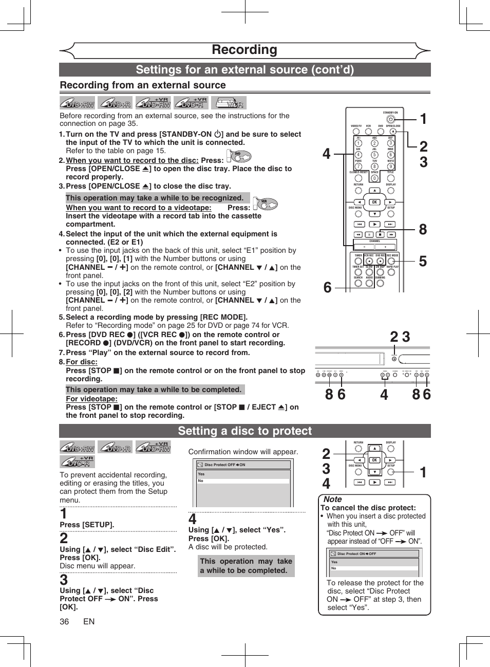 Recording, Setting a disc to protect, Settings for an external source (cont’d) | Recording from an external source, 36 en | Philips Magnavox cmwR20v6 User Manual | Page 36 / 86