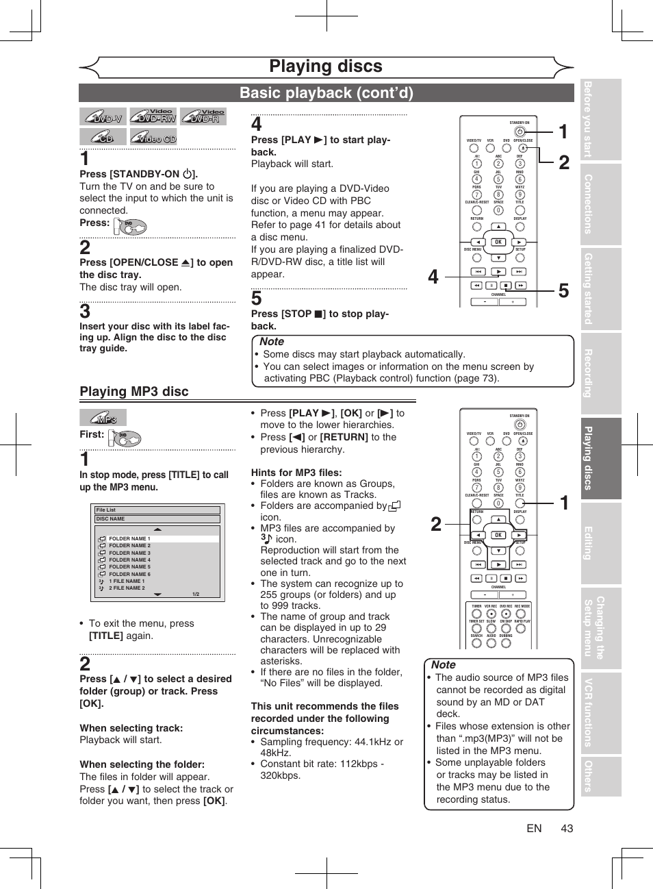 Playing discs, Basic playback (cont’d), Playing mp3 disc | Philips Magnavox cmwR20v6 User Manual | Page 43 / 86