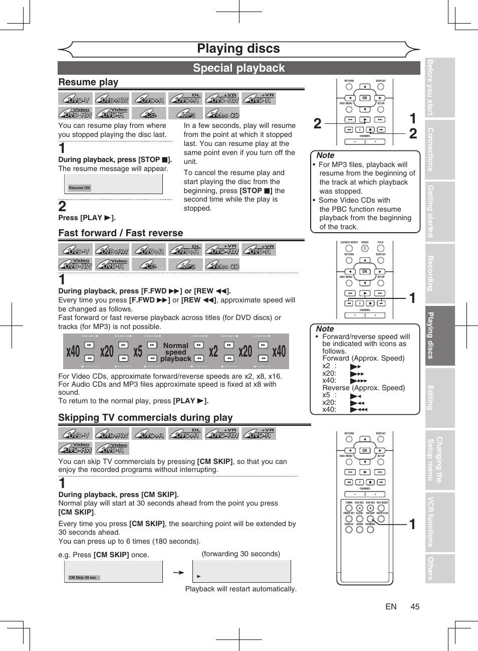 Playing discs, Special playback, Resume play | Fast forward / fast reverse, Skipping tv commercials during play | Philips Magnavox cmwR20v6 User Manual | Page 45 / 86