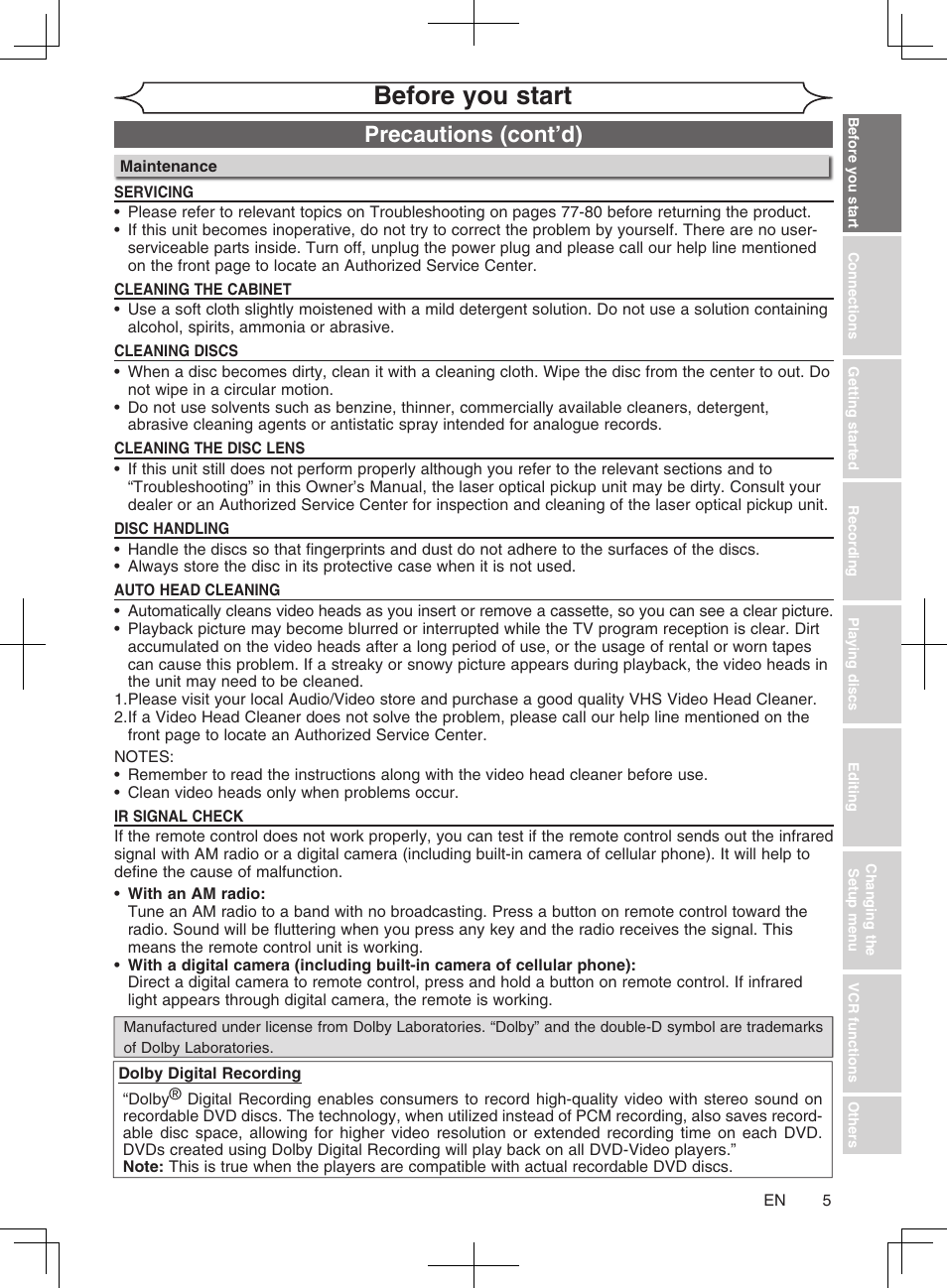 Before you start, Precautions (cont’d) | Philips Magnavox cmwR20v6 User Manual | Page 5 / 86