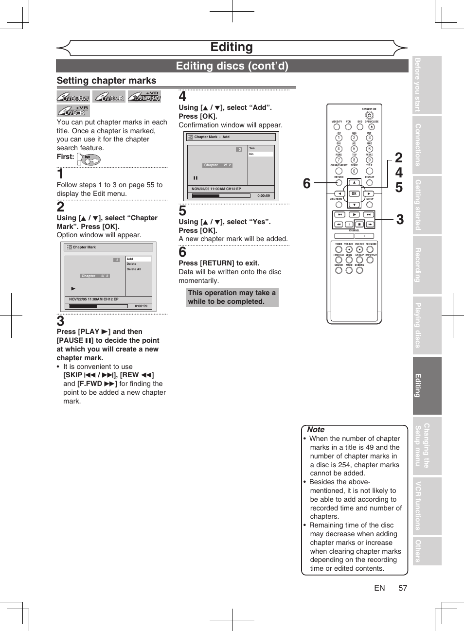 Editing, Editing discs (cont’d), Setting chapter marks | Philips Magnavox cmwR20v6 User Manual | Page 57 / 86