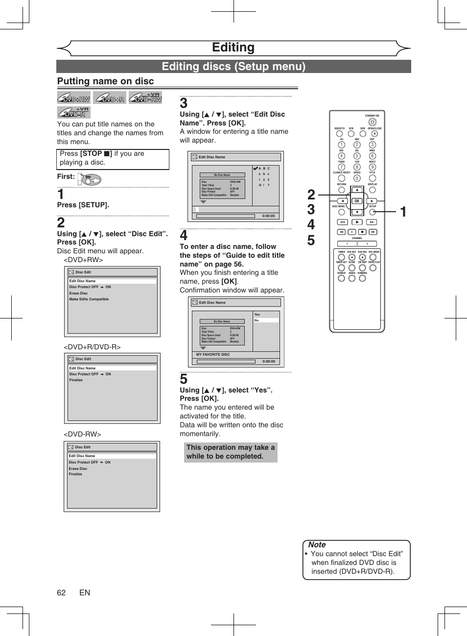 Editing, Editing discs (setup menu), Putting name on disc | 62 en, Press [setup, Press [stop c ] if you are playing a disc, This operation may take a while to be completed | Philips Magnavox cmwR20v6 User Manual | Page 62 / 86