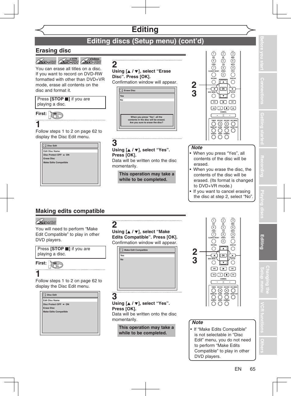 Editing, Editing discs (setup menu) (cont’d), Erasing disc | Making edits compatible, Press [stop c ] if you are playing a disc | Philips Magnavox cmwR20v6 User Manual | Page 65 / 86