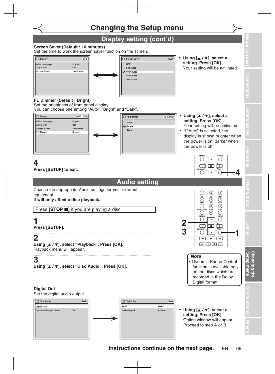 Changing the setup menu, Audio setting display setting (cont’d), Instructions continue on the next page | Press [stop c ] if you are playing a disc, Press [setup] to exit, Press [setup, Using [ k / l ], select “disc audio”. press [ok | Philips Magnavox cmwR20v6 User Manual | Page 69 / 86