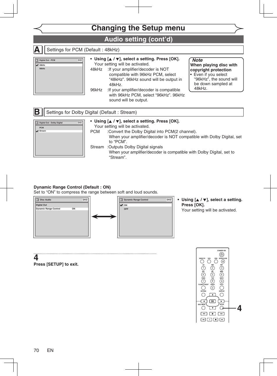 Changing the setup menu, Audio setting (cont’d), 70 en | Settings for dolby digital (default : stream), Settings for pcm (default : 48khz), Press [setup] to exit | Philips Magnavox cmwR20v6 User Manual | Page 70 / 86