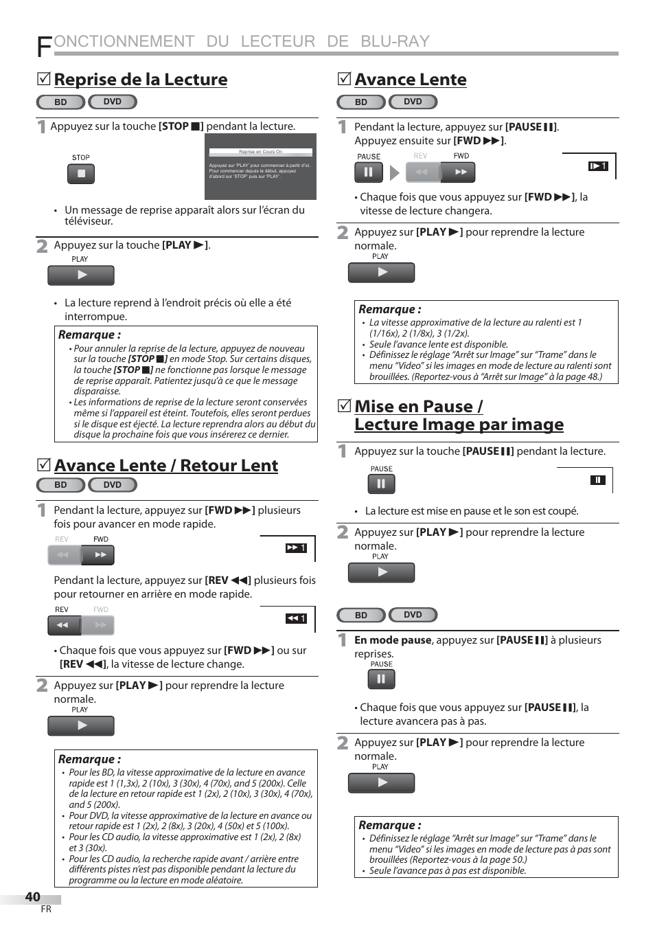 Onctionnement du lecteur de blu-ray, Reprise de la lecture, Avance lente / retour lent | Avance lente, Mise en pause / lecture image par image | Philips Magnavox 42MD459B User Manual | Page 101 / 182