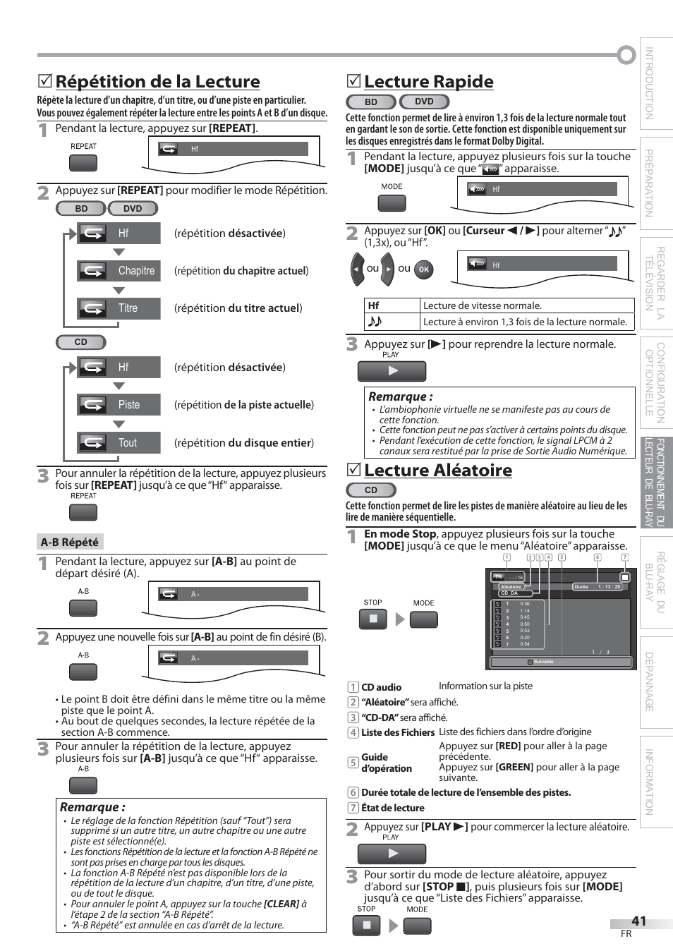 Répétition de la lecture, Lecture rapide, Lecture aléatoire | Philips Magnavox 42MD459B User Manual | Page 102 / 182