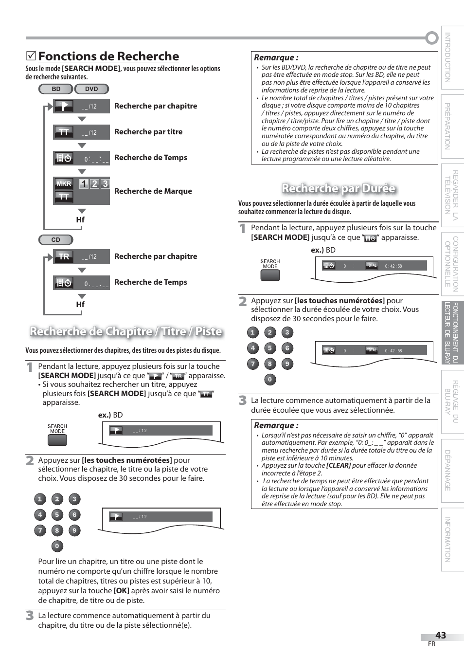 Fonctions de recherche, Recherche de chapitre / titre / piste, Recherche par durée | Philips Magnavox 42MD459B User Manual | Page 104 / 182