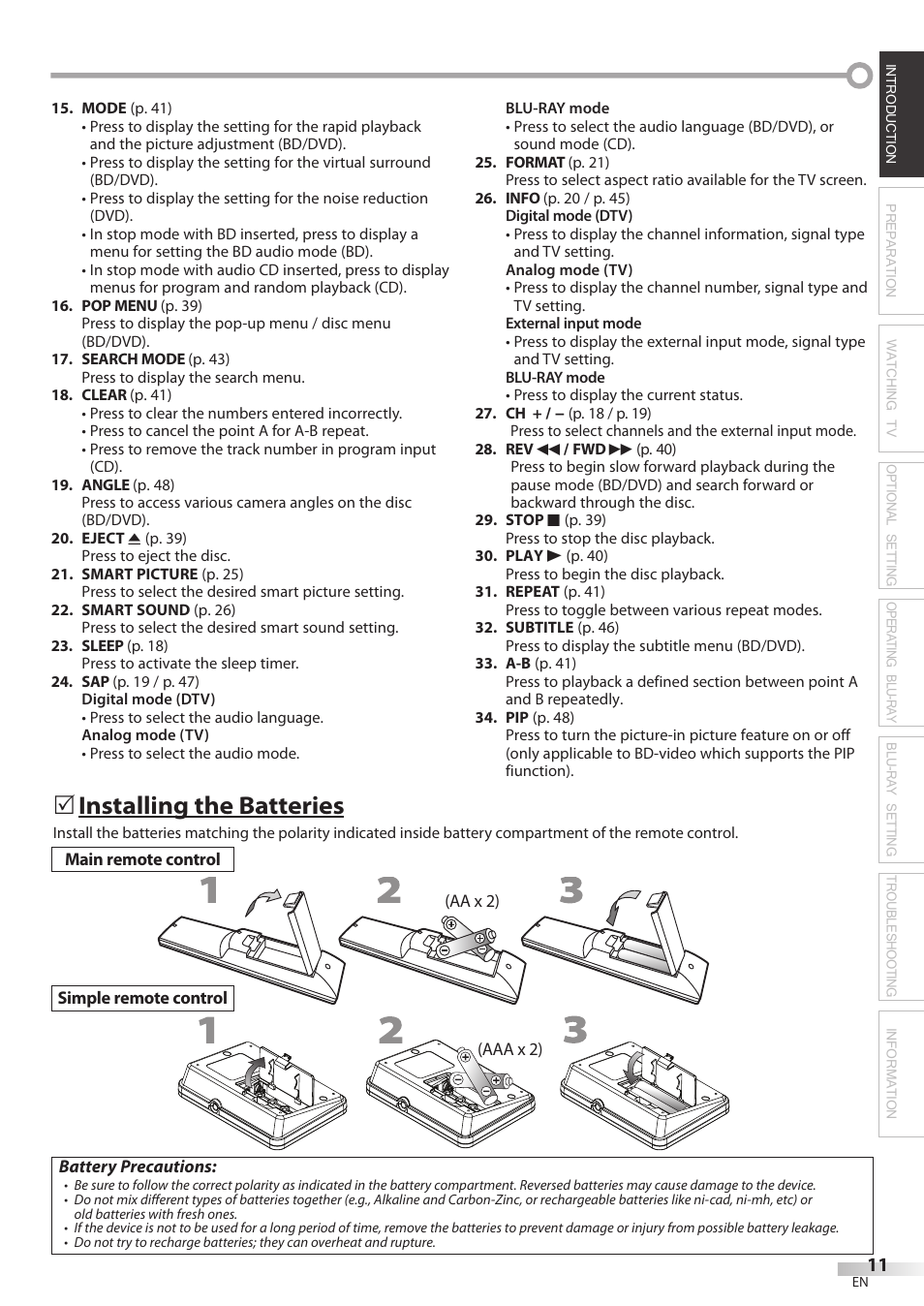 Installing the batteries | Philips Magnavox 42MD459B User Manual | Page 11 / 182