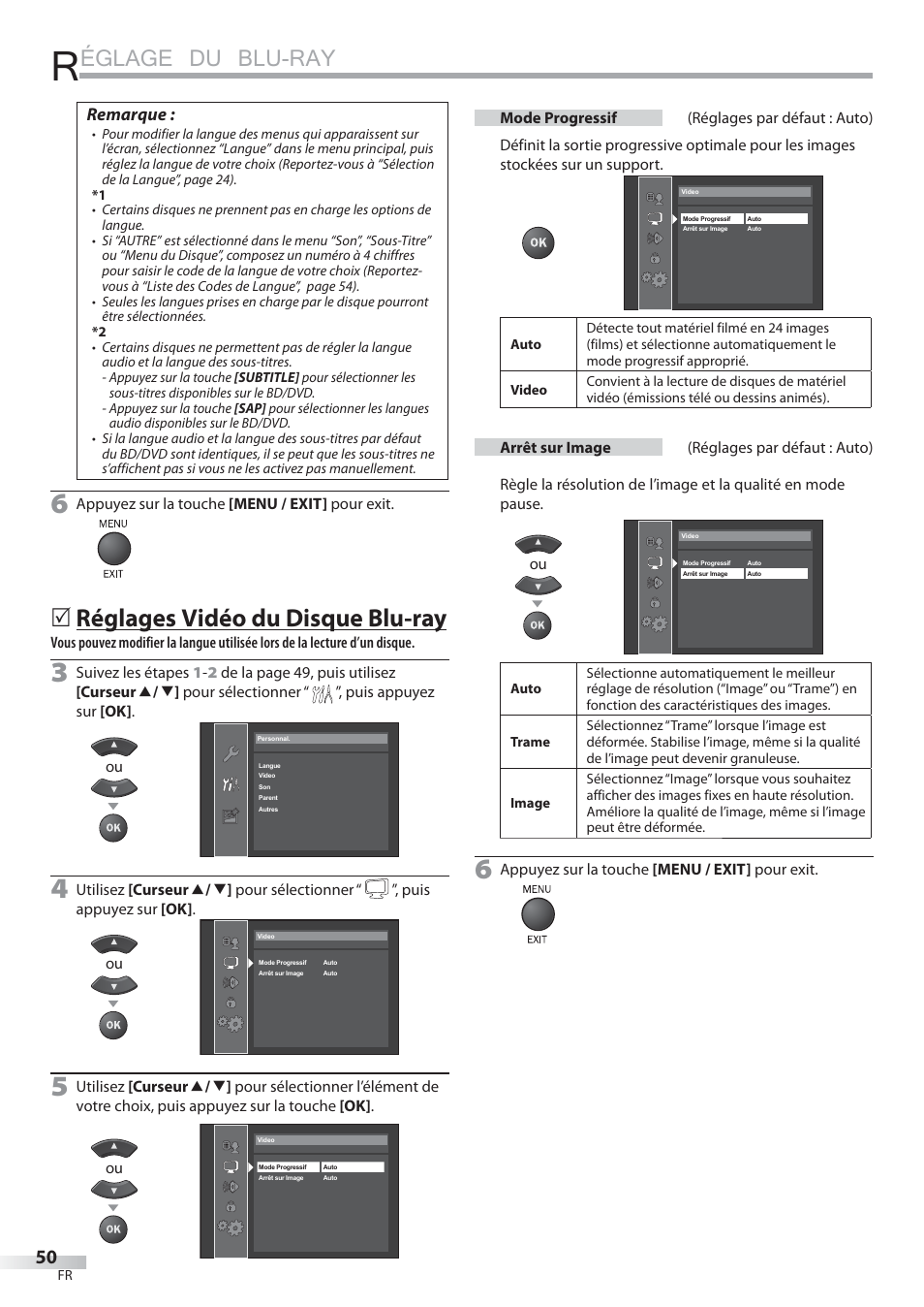 Églage du blu-ray, Réglages vidéo du disque blu-ray, Remarque | Philips Magnavox 42MD459B User Manual | Page 111 / 182