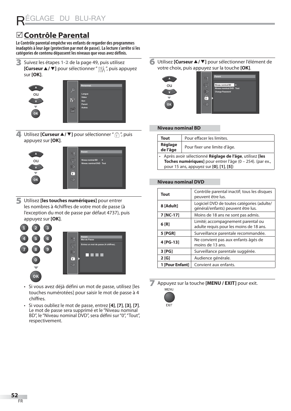 Églage du blu-ray, Contrôle parental | Philips Magnavox 42MD459B User Manual | Page 113 / 182