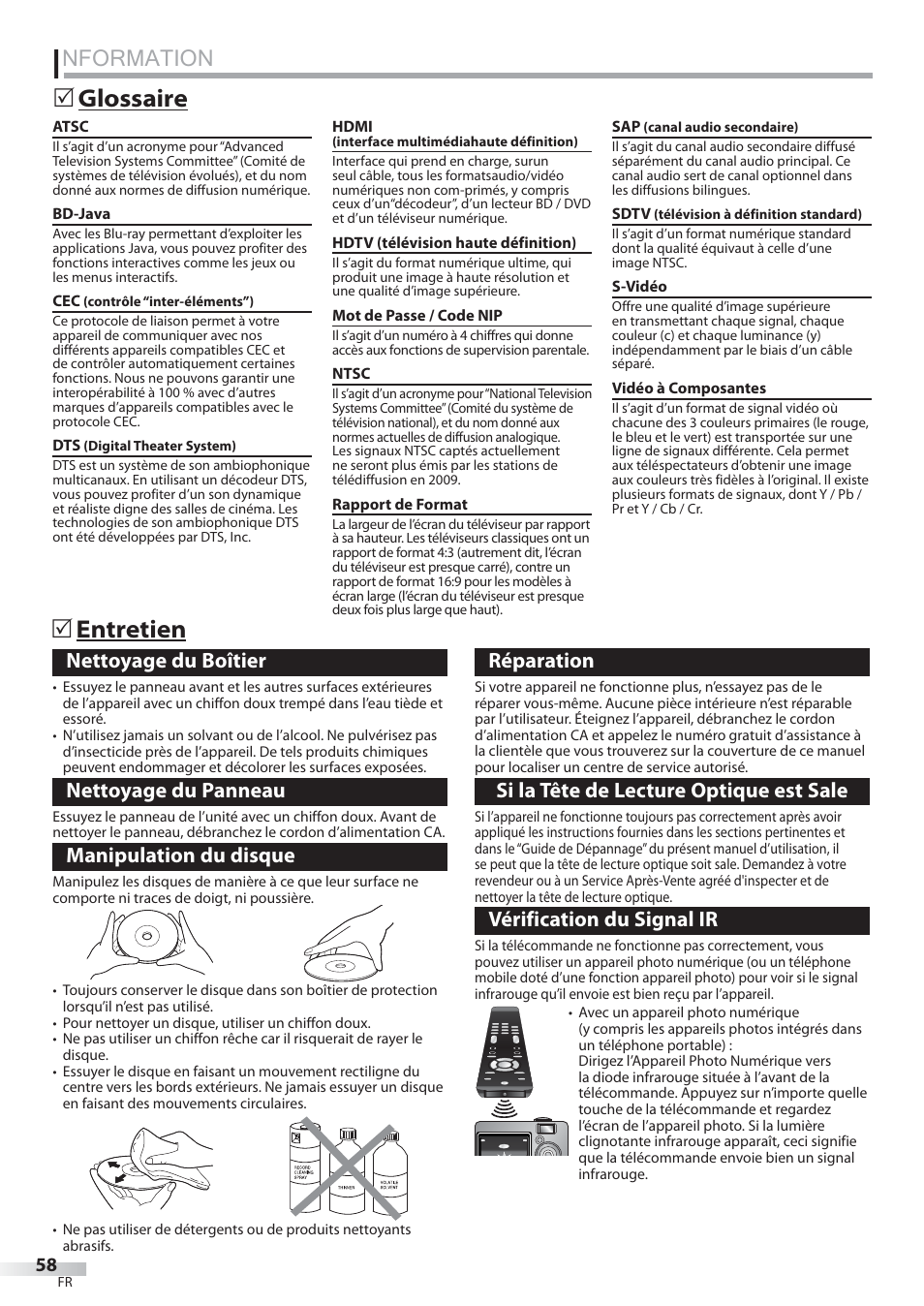 Nformation, Glossaire, Entretien | Nettoyage du boîtier, Nettoyage du panneau, Manipulation du disque, Réparation, Si la tête de lecture optique est sale, Vérification du signal ir | Philips Magnavox 42MD459B User Manual | Page 119 / 182