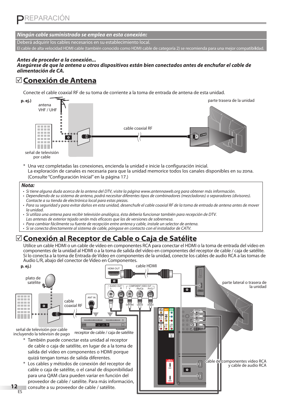 Reparación, Conexión de antena, Conexión al receptor de cable o caja de satélite | Nota | Philips Magnavox 42MD459B User Manual | Page 134 / 182