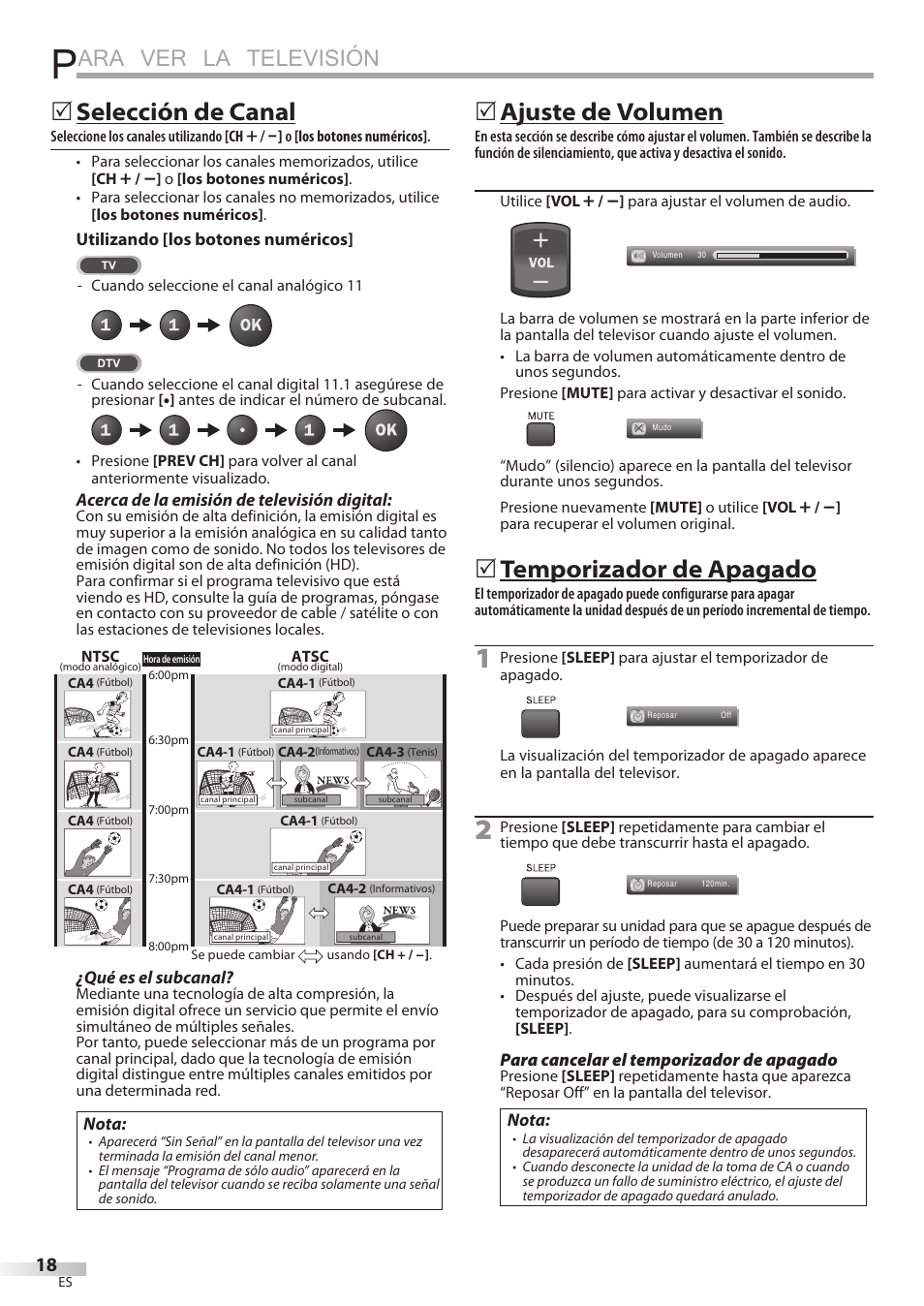 Ara ver la televisión, Selección de canal, Ajuste de volumen | Temporizador de apagado | Philips Magnavox 42MD459B User Manual | Page 140 / 182