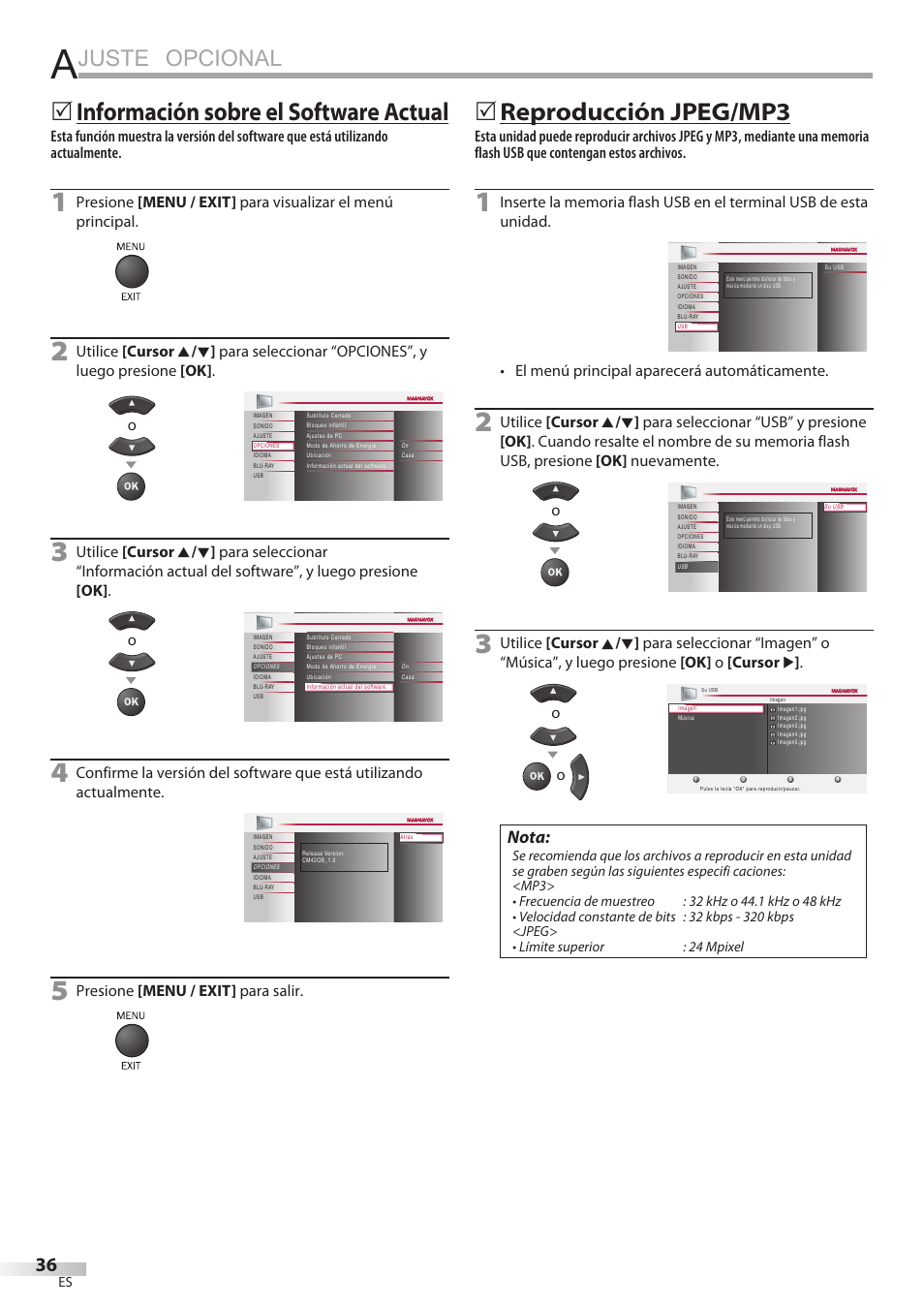 Juste opcional, Información sobre el software actual, Reproducción jpeg/mp3 | Nota | Philips Magnavox 42MD459B User Manual | Page 158 / 182