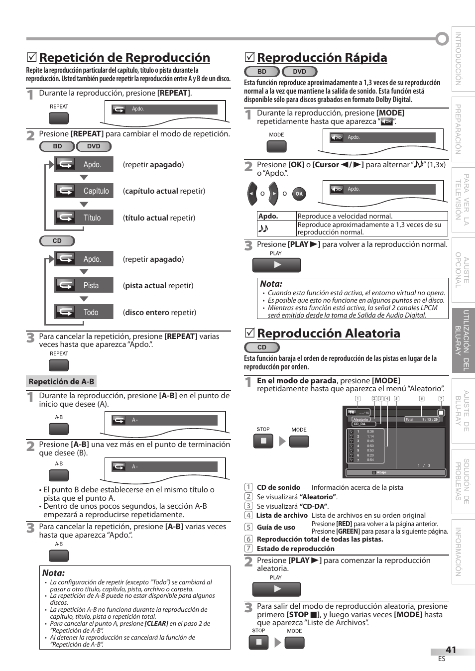 Repetición de reproducción, Reproducción rápida, Reproducción aleatoria | Philips Magnavox 42MD459B User Manual | Page 163 / 182