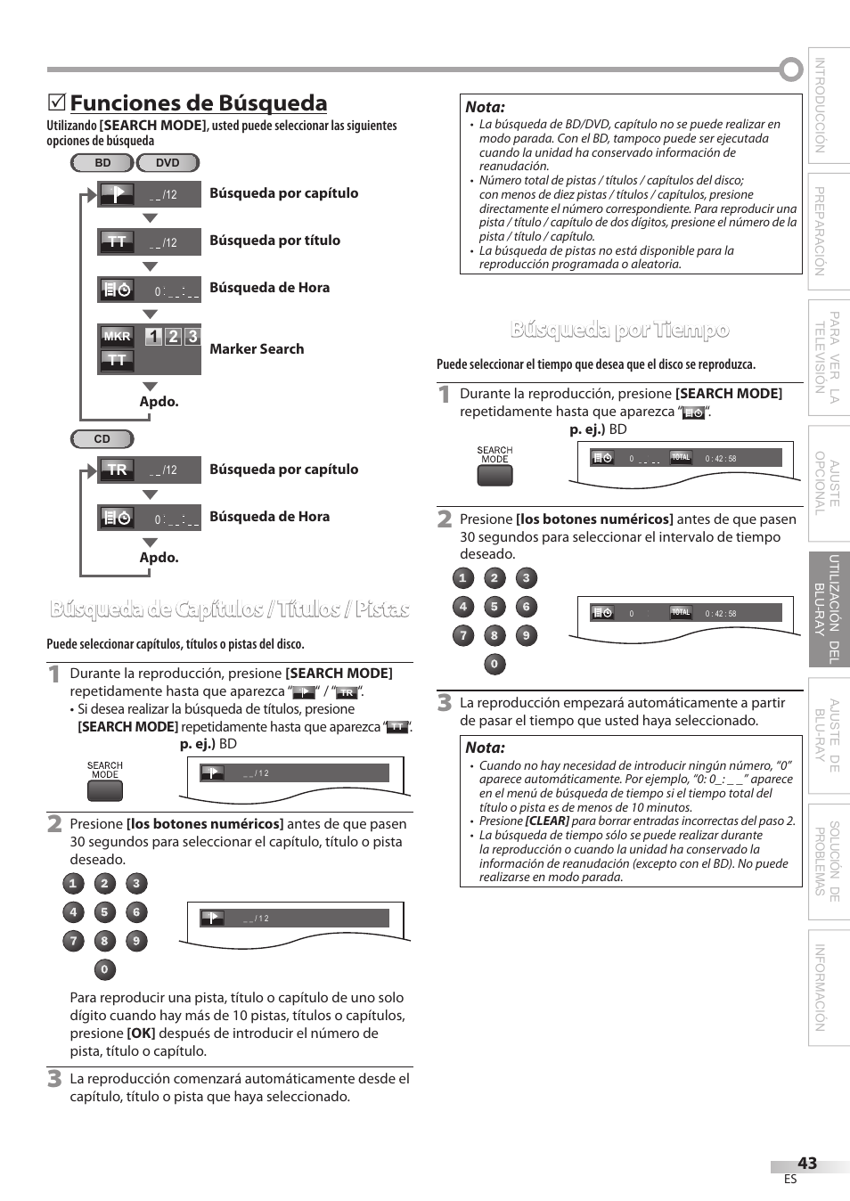 Funciones de búsqueda, Búsqueda de capítulos / títulos / pistas, Búsqueda por tiempo | Philips Magnavox 42MD459B User Manual | Page 165 / 182