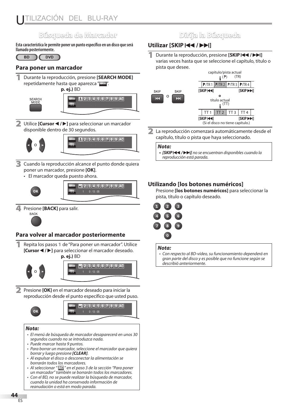 Tilización del blu-ray, Búsqueda de marcador, Dirija la búsqueda | Para poner un marcador, Para volver al marcador posteriormente, Utilizar [skip h / g, Utilizando [los botones numéricos | Philips Magnavox 42MD459B User Manual | Page 166 / 182