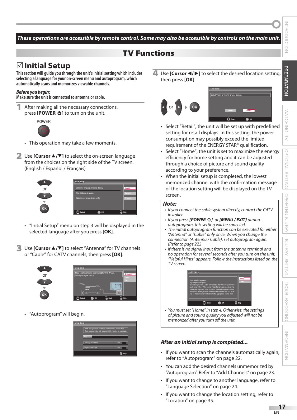 Initial setup, Tv functions, Before you begin | After an initial setup is completed | Philips Magnavox 42MD459B User Manual | Page 17 / 182