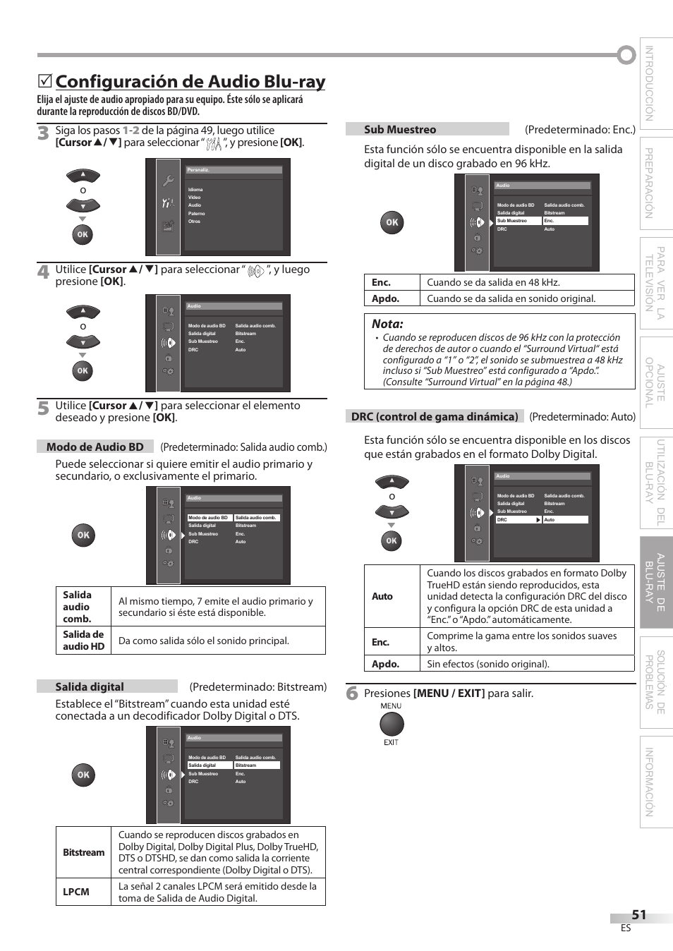 Configuración de audio blu-ray, Nota | Philips Magnavox 42MD459B User Manual | Page 173 / 182