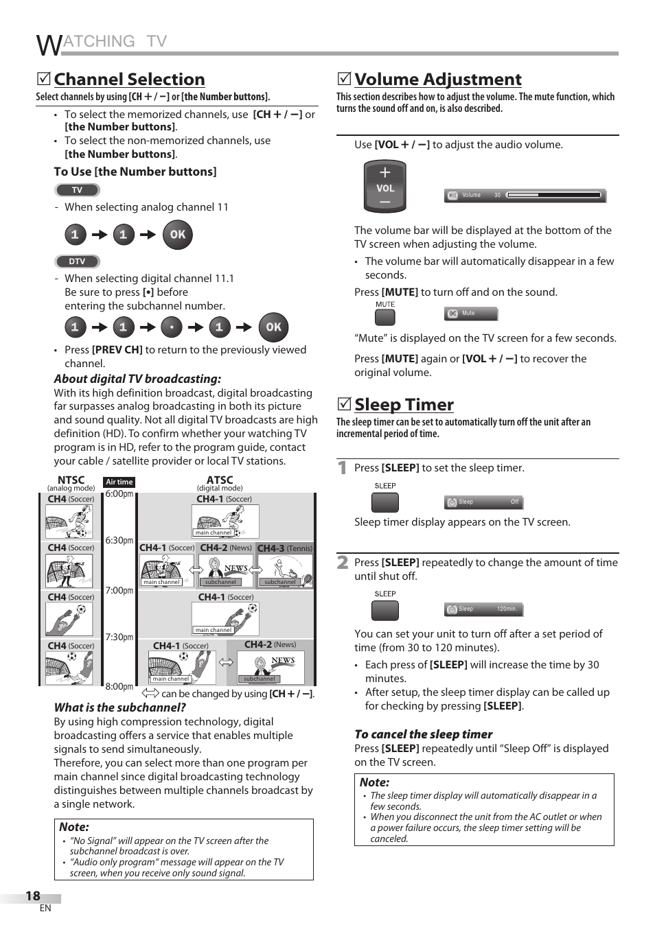 Atching tv, Channel selection, Volume adjustment | Sleep timer | Philips Magnavox 42MD459B User Manual | Page 18 / 182