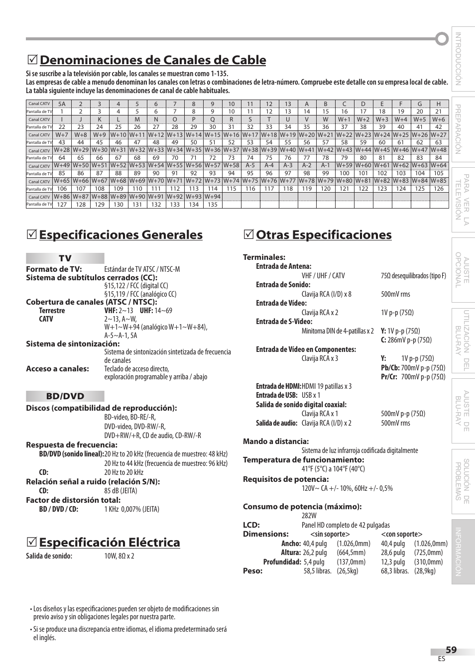 Especificaciones generales, Especificación eléctrica, Otras especificaciones | Denominaciones de canales de cable, Bd/dvd | Philips Magnavox 42MD459B User Manual | Page 181 / 182