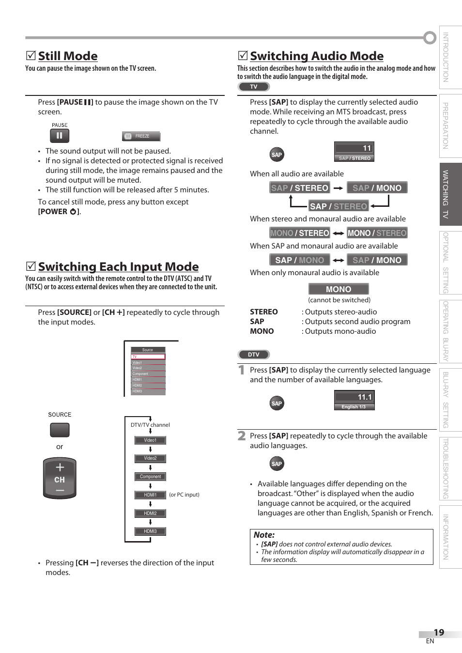 Still mode, Switching each input mode, Switching audio mode | Philips Magnavox 42MD459B User Manual | Page 19 / 182